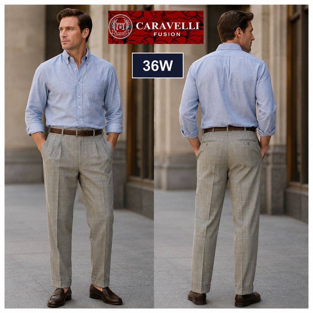 Caravelli Fusion Mens 36W Pleated Dress Pants Oxford Glen Plaid Cuffed New